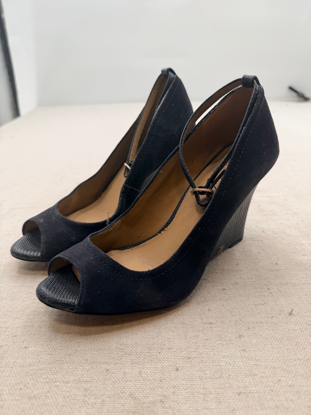 Blue Peep-Toe Wedge Heels with Ankle Strap